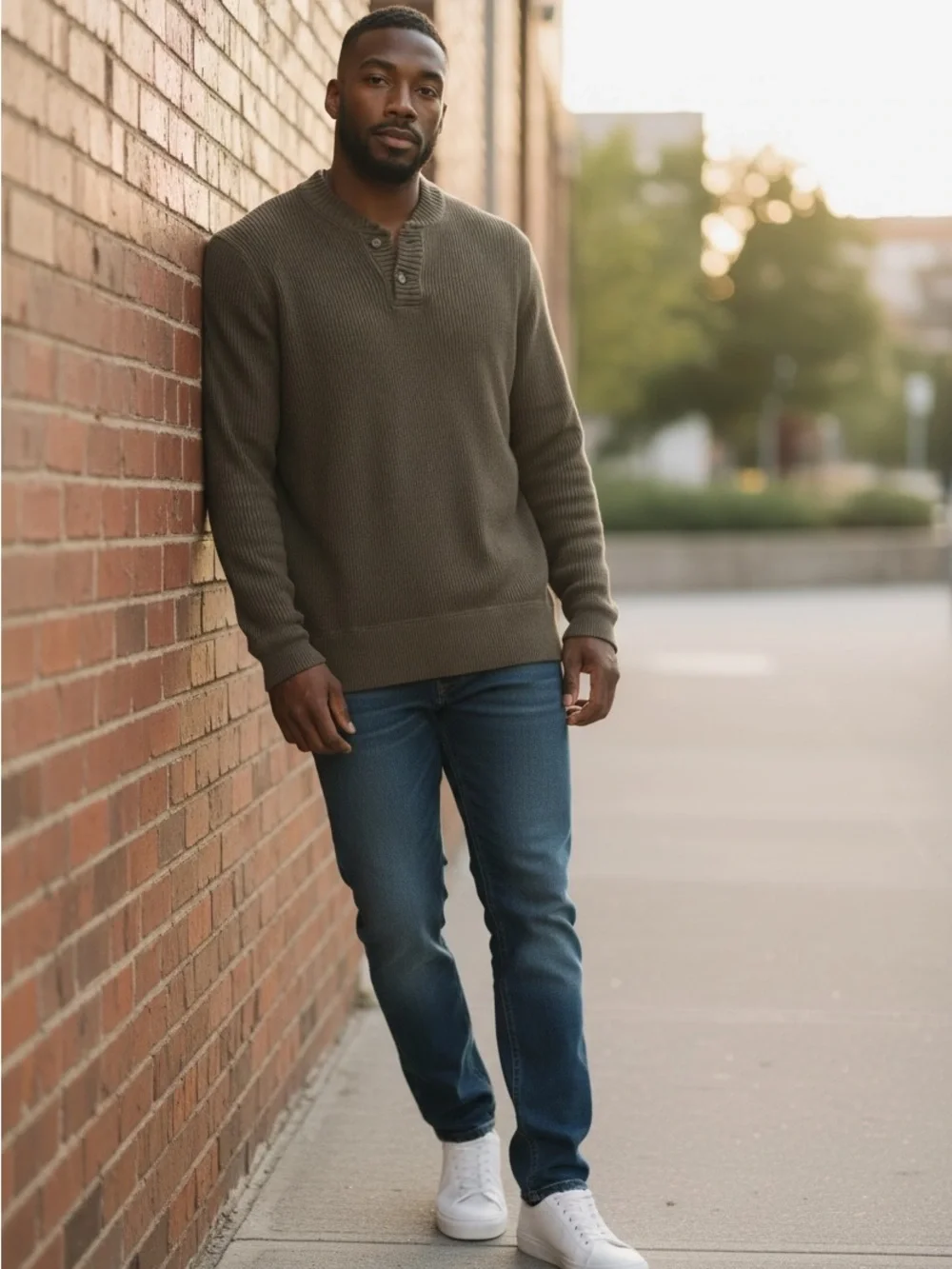 Eddie Bauer Olive Green Ribbed Henley Sweater